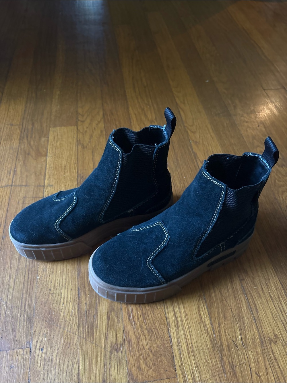 Puma Black Suede Chelsea Sneakers with Brown Gum Sole